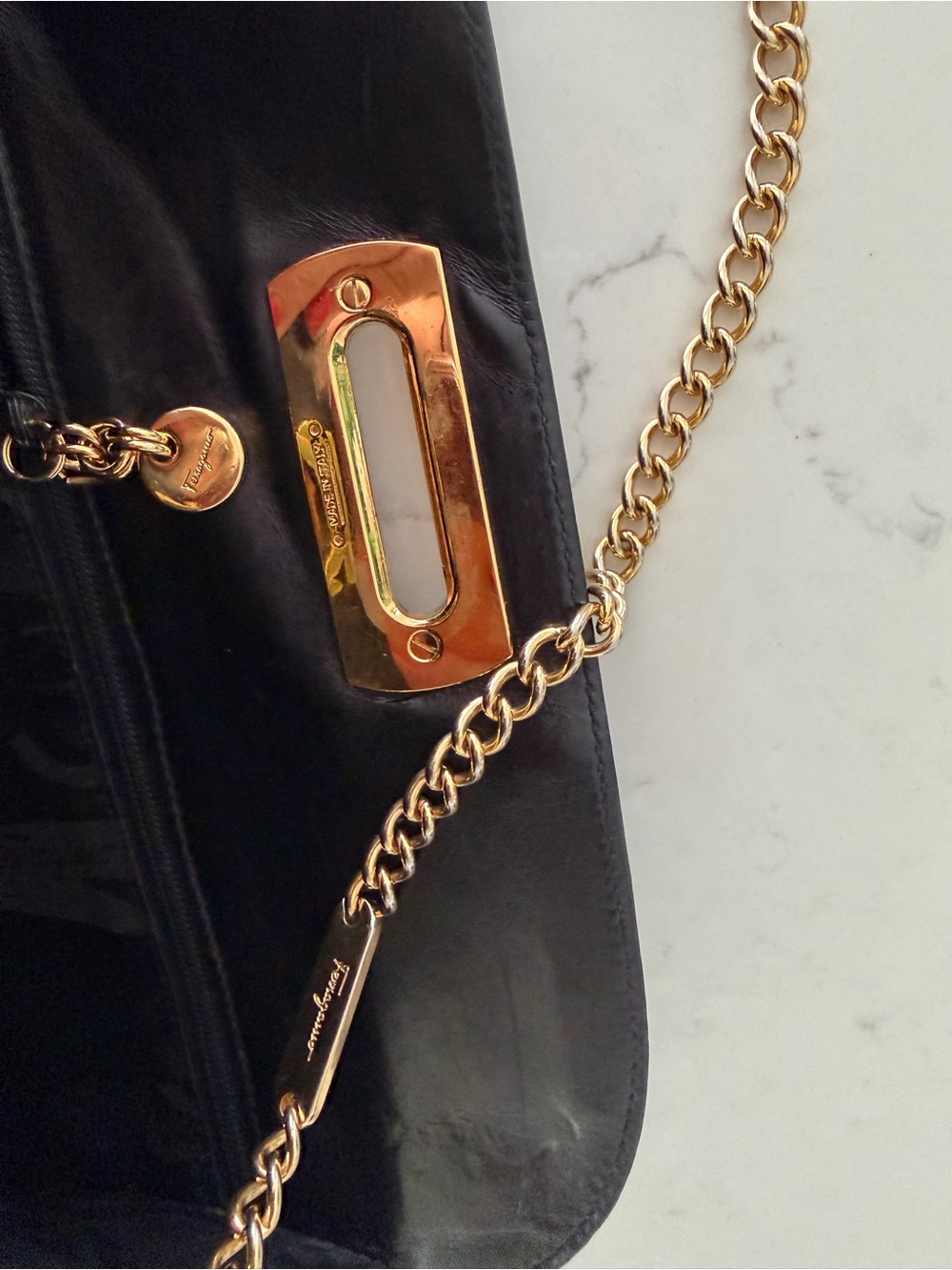 Salvatore Ferragamo Black Leather Crossbody with Gold Chain and Gancini Hardware - Picture 6 of 9